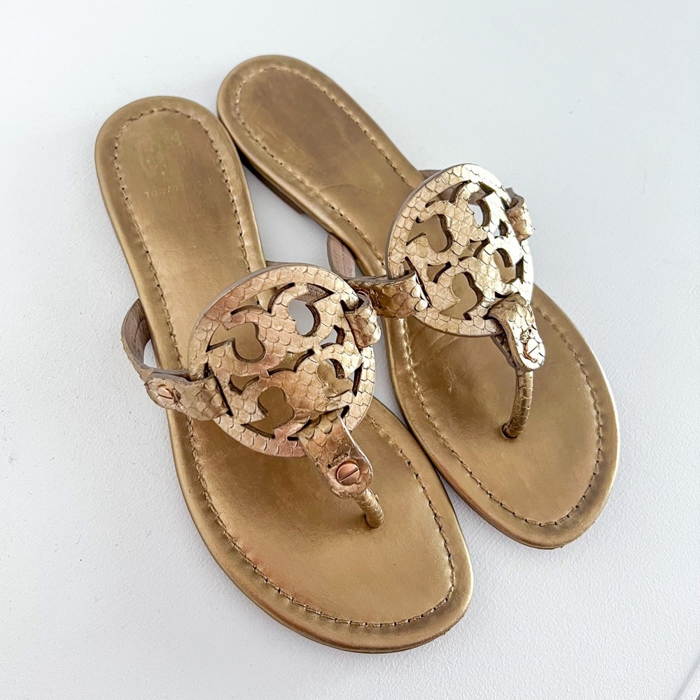 Authentic Tory Burch Miller Snake Skin Sandals 7.5 Gold